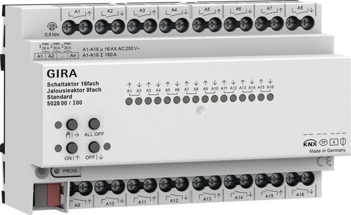 Gira KNX Schalt-/Jalousieaktor Standard 16-fach/8-fach, 16A, 8TE REG, Schaltaktor