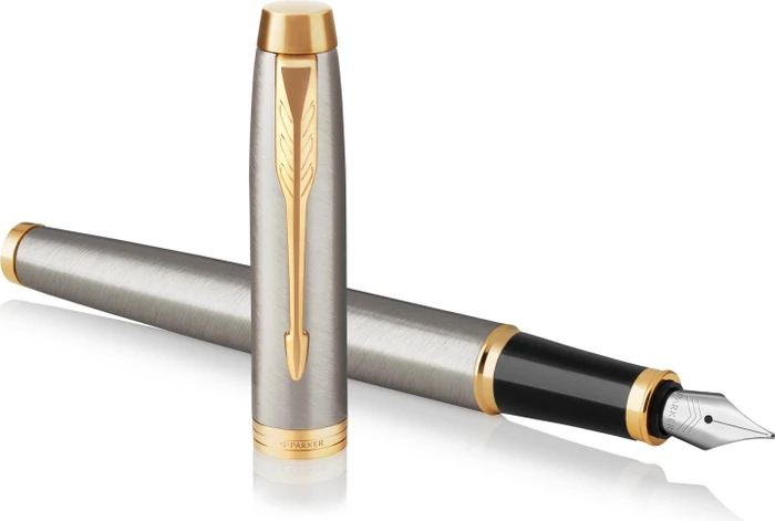 Parker IM brushed metal/gold trim, rechte Hand, fein, Geschenkbox