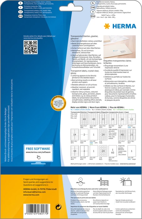 Herma Folienetiketten, 63.5x38.1mm, wetterfest, transparent, matt, 25 Blatt (525 Etiketten)