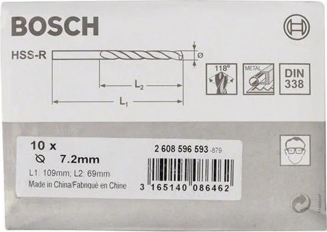 Bosch Professional HSS-R Spiralbohrer, 7.2x69x109mm, 10 Stück