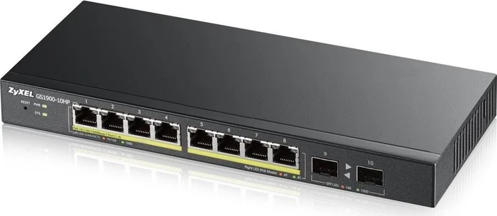 Zyxel GS1900 Desktop Gigabit Smart Switch, 8x RJ-45, 2x SFP, 77W PoE+