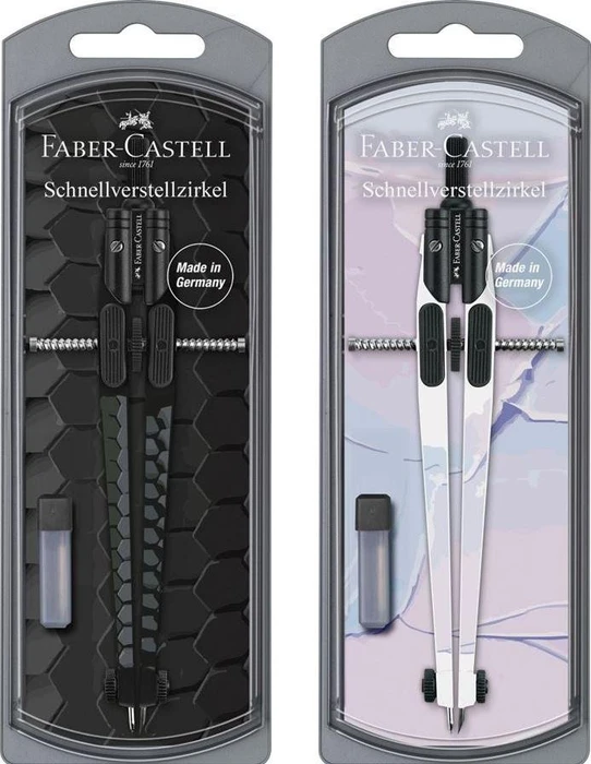 Faber-Castell Dark & Bright Schnellverstellzirkel, schwarz/weiß, Klarsichtetui