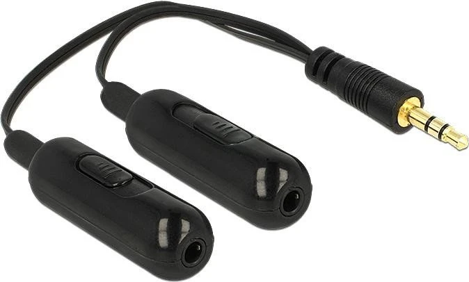 DeLOCK Audio Klinken Adapter mit 2x Lautstärkeregler, 1x 3.5mm Stecker auf 2x 3.5mm Buchse, schwarz