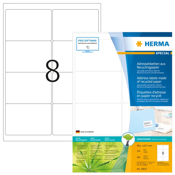 Herma Etiketten Recycling, 99.1x67.7mm, weiß, matt, 100 Blatt (800 Etiketten)