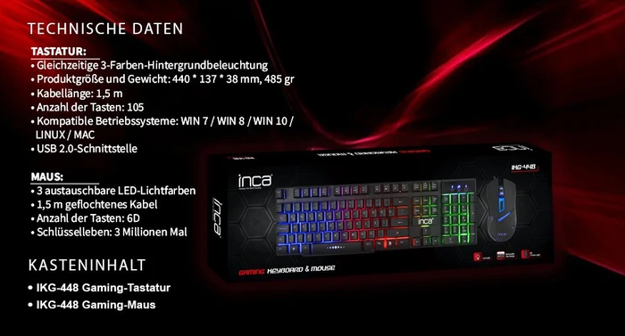 Inca Gaming Tastatur Maus Set mit Mauspad schwarz, USB, DE
