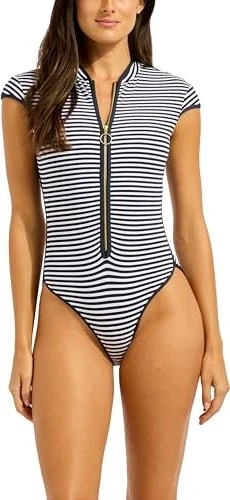 Seafolly Clubhouse Cap Sleeve Zip Front Badeanzug true navy (Damen)