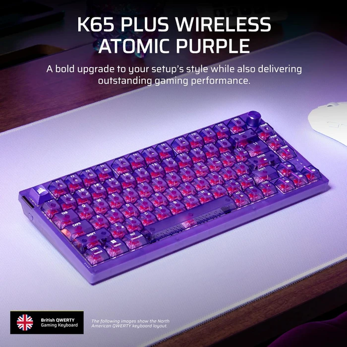 Corsair Gaming K65 Plus Wireless 75% RGB, Atomic Purple, MLX RED V2, USB/Bluetooth, UK