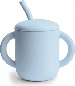 Mushie Silikon Trinklernbecher mit Strohhalm, 6+M, 175ml, powder blue