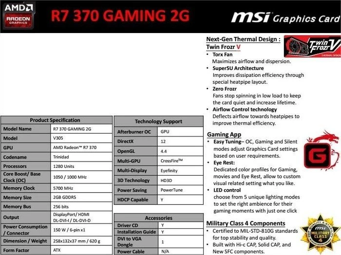 MSI Radeon R7 370, R7 370 Gaming 2G, 2GB GDDR5, 2x DVI, HDMI, DP