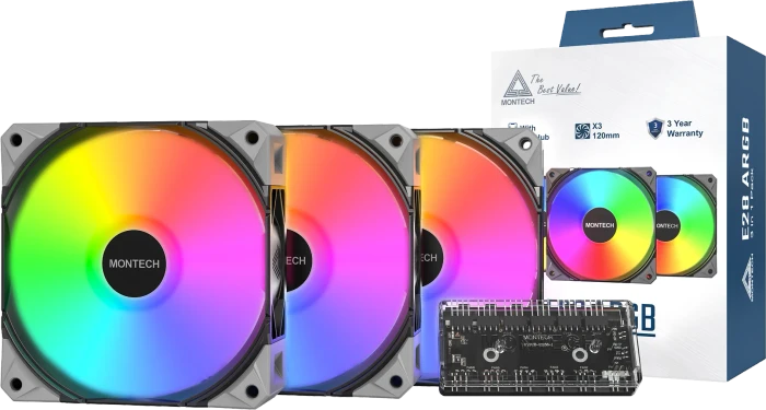 Montech E28 ARGB, schwarz, Lüftersteuerung, 120mm, 3er-Pack