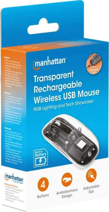 Manhattan Transparent Rechargeable Wireless Mouse, transparent/schwarz, USB