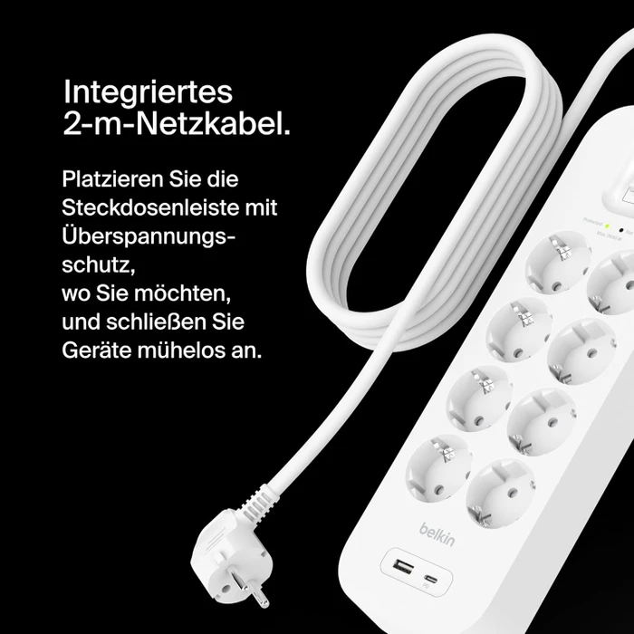 Belkin Connect V2 Überspannungsschutz, 8-fach, mit Schalter, 1x USB-A/1x USB-C, 2m, weiß