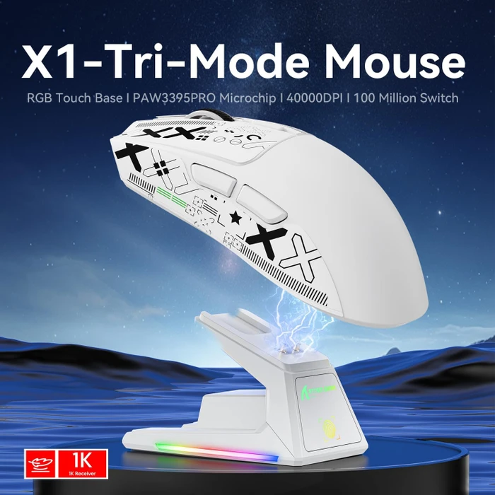 Attack Shark X1 Tri-mode Wireless Gaming Mouse mit Ladestation, weiß, inkl. Grip Tape, USB/Bluetooth