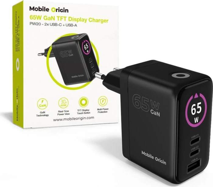 Mobile Origin Display Charger GaN 2x USB-C 1x USB-A 65W schwarz