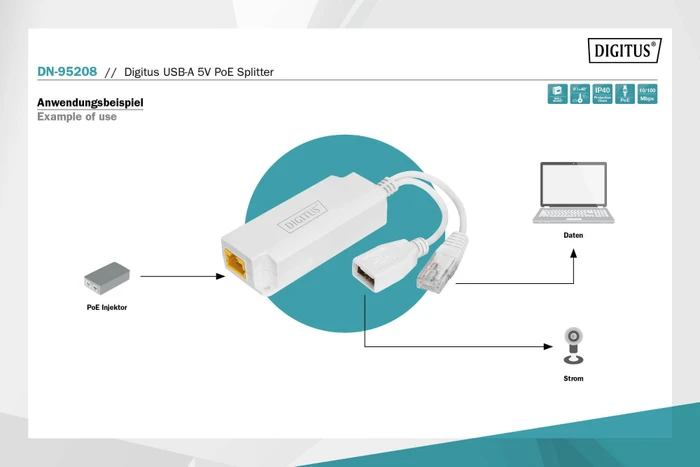Digitus Gigabit PoE-Splitter, 2x RJ-45, PoE+ PD