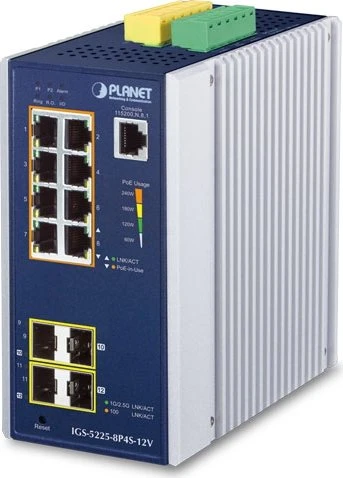 Planet IGS-5225 Industrial Railmount Gigabit Managed Switch, 8x RJ-45, 4x SFP, 240W PoE+