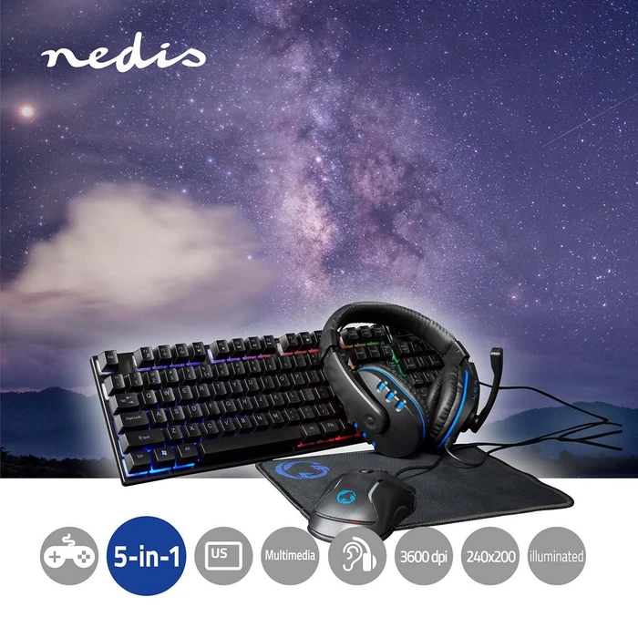 Nedis 5in1 Gaming Combo Kit, Tastatur, Headset, Maus und Mousepad, USB, US