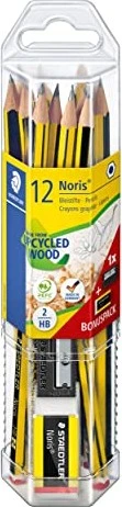 Staedtler Noris 120 Bleistift HB graphit, schwarz/gelb, Radierer, Anspitzer, 12er-Pack
