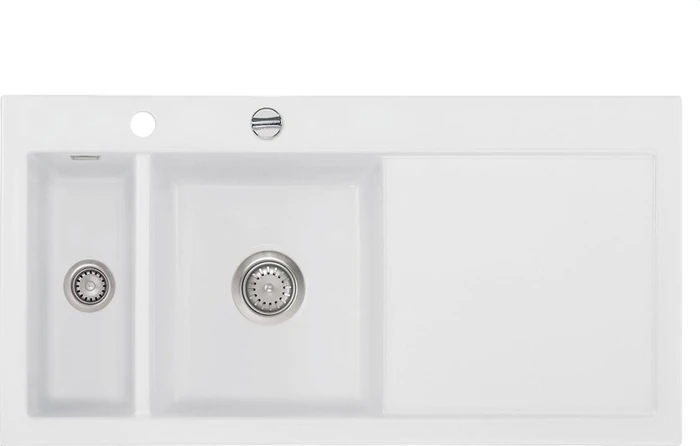 systemceram Mera 100 Einbau Becken links mit Ablauffernbedienung satin