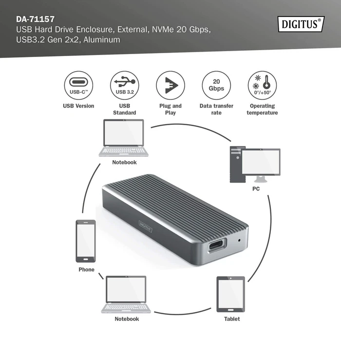 Digitus Festplattengehäuse für M.2 NVMe SSD, USB-C 3.2