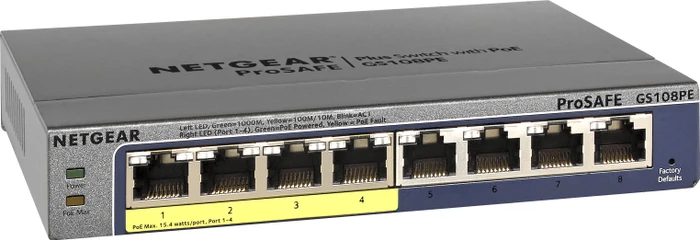 Netgear ProSAFE Plus GS100 Desktop Gigabit Smart Switch, 8x RJ-45, 53W PoE