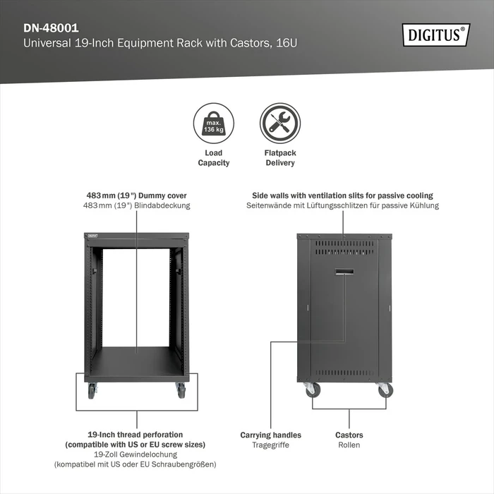Digitus Audio Video Rack 19" AVS/Equipment Rack 16HE, mit Rollen, unmontiert, RAL 9005, 460mm tief
