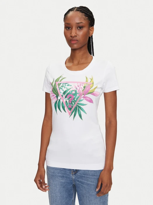 Guess Slim Fit Logo-Dreieck T-Shirt kurzarm weiß (Damen)