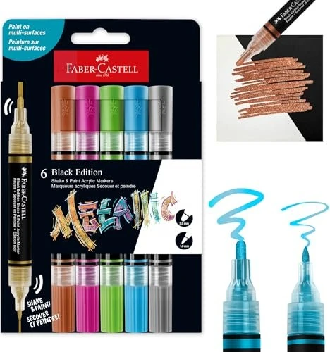 Faber-Castell Shake & Paint Metallic Acryl Marker Black Edition 6 Farben, 6er-Set