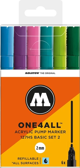 Molotow ONE4ALL 127HS 2mm Acrylmarker Basic-Set 2 sortiert, 6er-Set, Etui