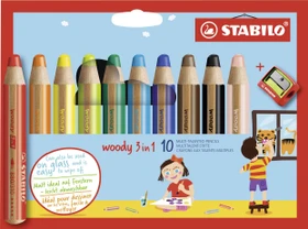STABILO Woody 3in1 Wachsmalstift sortiert, Anspitzer, 10er-Set