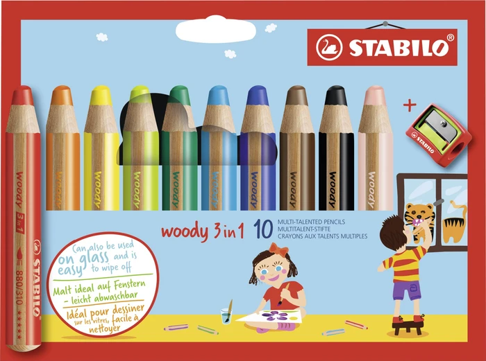 STABILO Woody 3in1 Wachsmalstift sortiert, Anspitzer, 10er-Set