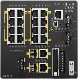 Cisco IE 2000 Enhanced LAN Base Industrial Railmount Managed Switch, 16x RJ-45, 2x RJ-45/SFP, PoE+ (IE-2000-16PTC-G-NX)