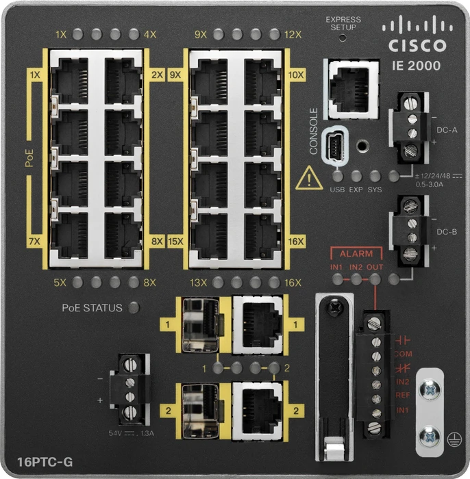 Cisco IE 2000 LAN Base Industrial Railmount Managed Switch, 16x RJ-45, 2x RJ-45/SFP, PoE+