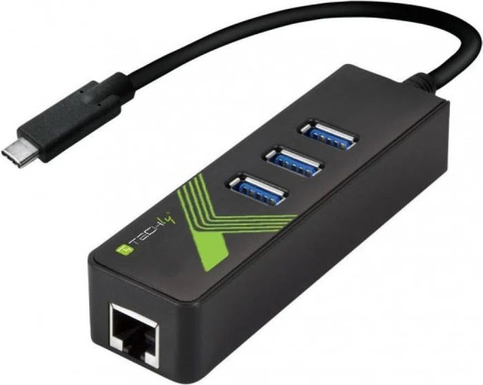 Techly USB-Hub, Gigabit LAN-Adapter, RJ-45, 3x USB-A 3.0, USB-C 3.0 [Stecker]