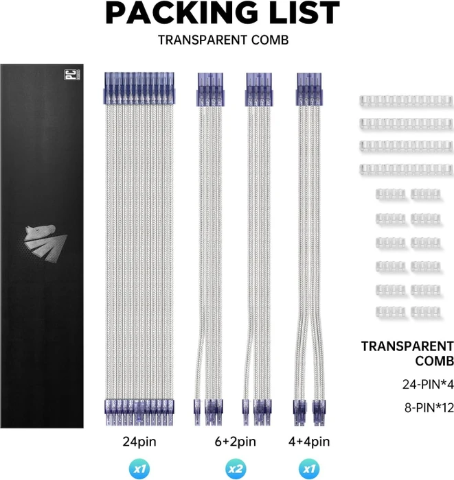 AsiaHorse GPU/CPU Cable Extension Kit, 1x 24-Pin, 1x 4/8-Pin ATX, 2x 8-Pin PCIe, 16AWG, transluzent silber, 30cm