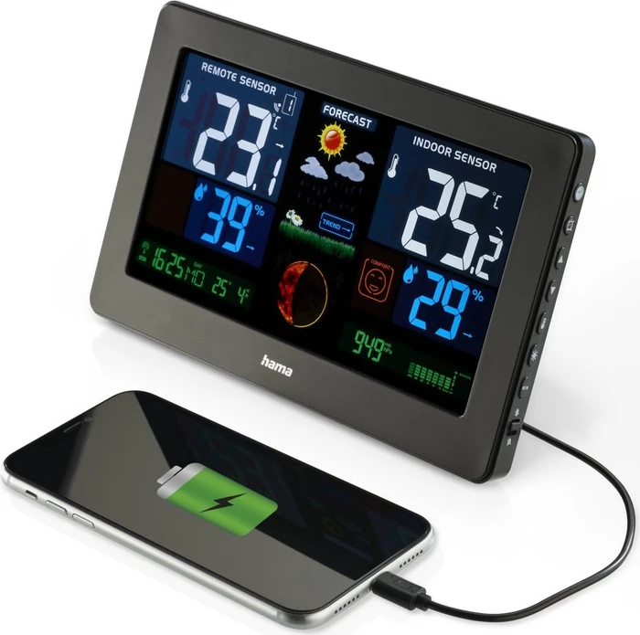 Hama Premium Funkwetterstation mit LED-Farbdisplay und USB-Ladefunktion, digital
