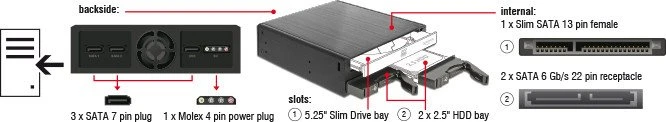 DeLOCK 5.25" Wechselrahmen auf 2x 2.5" SATA, 1x 5.25" Slimline