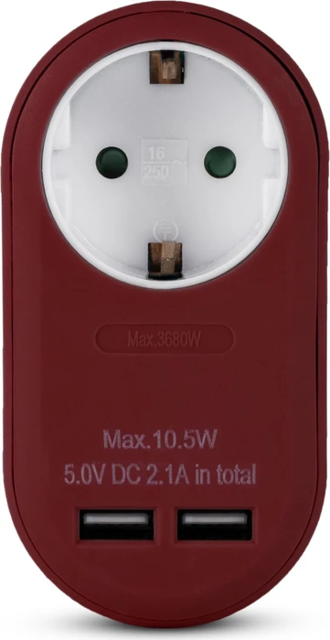 Entac Steckdosenadapter mit 2x USB-A, 1-fach, Burgundy