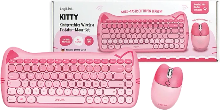 LogiLink Kitty Kindgerechtes Wireless Tastatur-Maus-Set, rosa, USB, DE