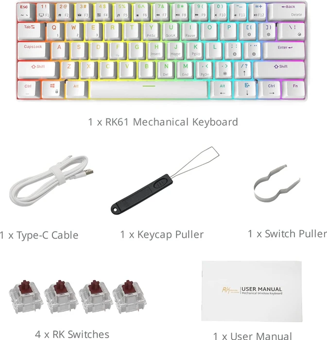 RK Royal Kludge RK61 60% Wireless, weiß, LEDs RGB, hot-swap, RK BLUE, USB/Bluetooth, US