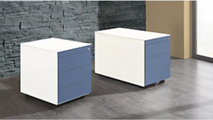 mauser Rollcontainer line, 570x800mm, 1x Utensilienauszug, 1x Materialschublade, 1x Hängeregistratur, reinweiß/taubenblau