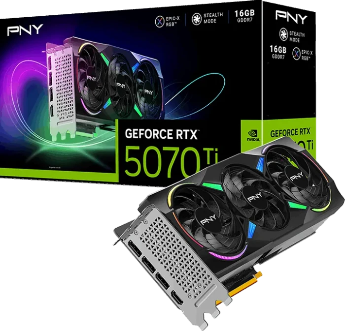 PNY GeForce RTX 5070 Ti ARGB Epic-X RGB Overclocked Triple Fan, 16GB GDDR7, HDMI, 3x DP