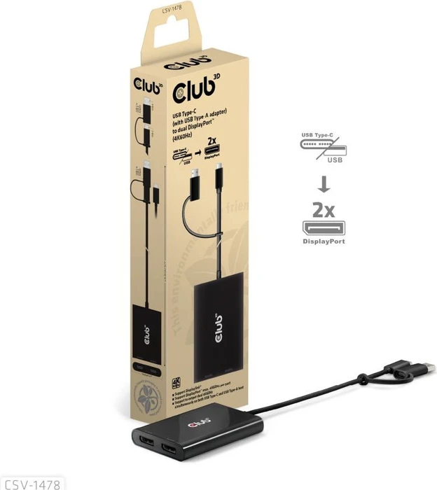 Club 3D USB-C 2x Displayport Videosplitter, USB-C 3.0 [Stecker]