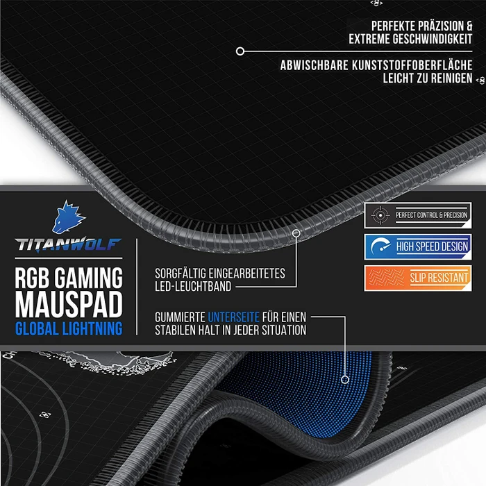 Titanwolf Global Lightning RGB XXL Gaming-Mauspad, 800x300mm, schwarz/gelb