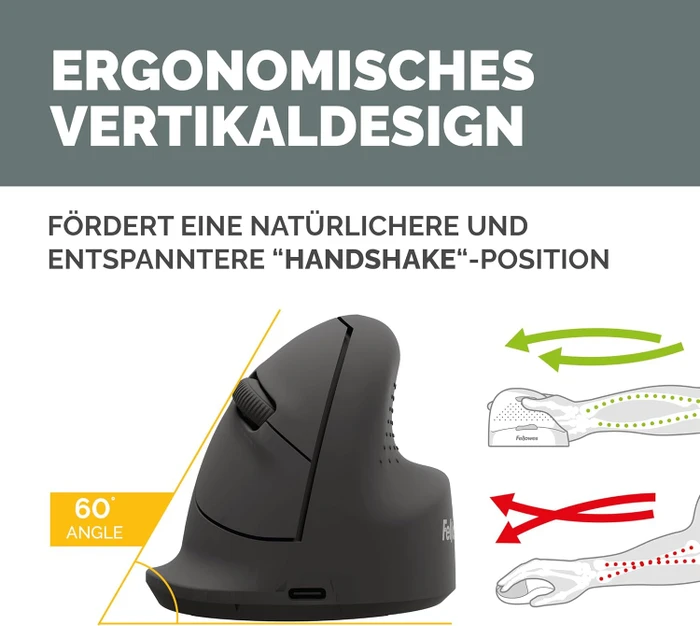 Fellowes Breyta Vertical Mouse, medium, schwarz, USB/Bluetooth