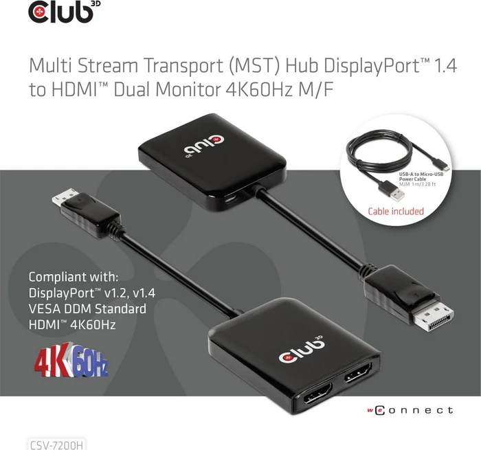 Club 3D MST-Hub DisplayPort 1.4 auf 2x HDMI Dual Monitor 4K60Hz