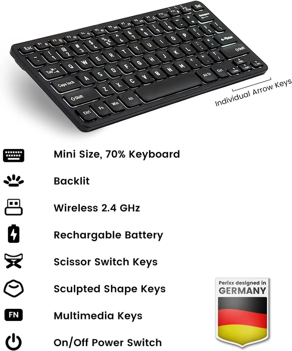 Perixx Periboard-732 Wireless Mini Keyboard, schwarz, LEDs weiß, USB, US