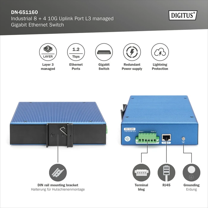 Digitus DN-65 Industrial Railmount Gigabit Managed Switch, 8x RJ-45, 4x SFP+