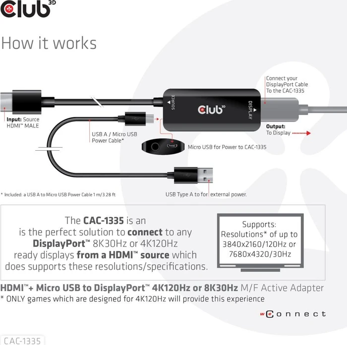 Club 3D aktives DisplayPort 1.4/HDMI 2.1 Adapterkabel schwarz, 0.15m