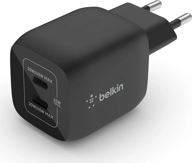 Belkin BoostCharge Pro USB-C-GaN-Ladegerät mit zwei Anschlüssen und PPS (45W) schwarz